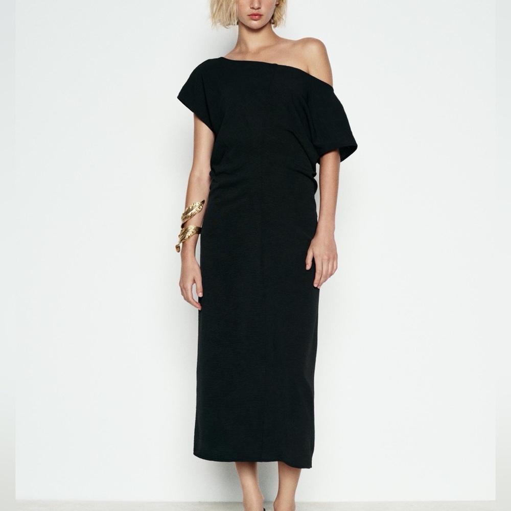 Zara NWT black midi dress ruched cinched waist slouchy shoulder